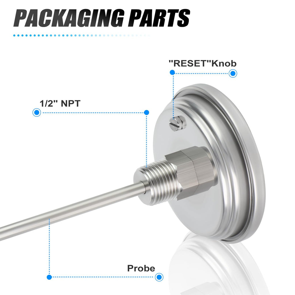 MEANLIN MEASURE 2Pcs 1/2" NPT Bimetal Thermometer for hot Water, boilers, and Pipes，3" Dial, 4" Stainless Steel Stem，Temperature Range 50-500°F/10-250°C, Accuracy 2%,Lower Mount