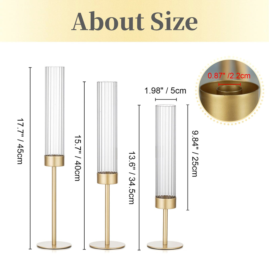 Hewory Gold Hurricane Candle Holders: Brass Candlestick Holders Set of 3 Tall Taper Candle Holders for Candlesticks Candle Sticks Holder Decor for Table Centerpiece Wedding Party Christmas Decorations
