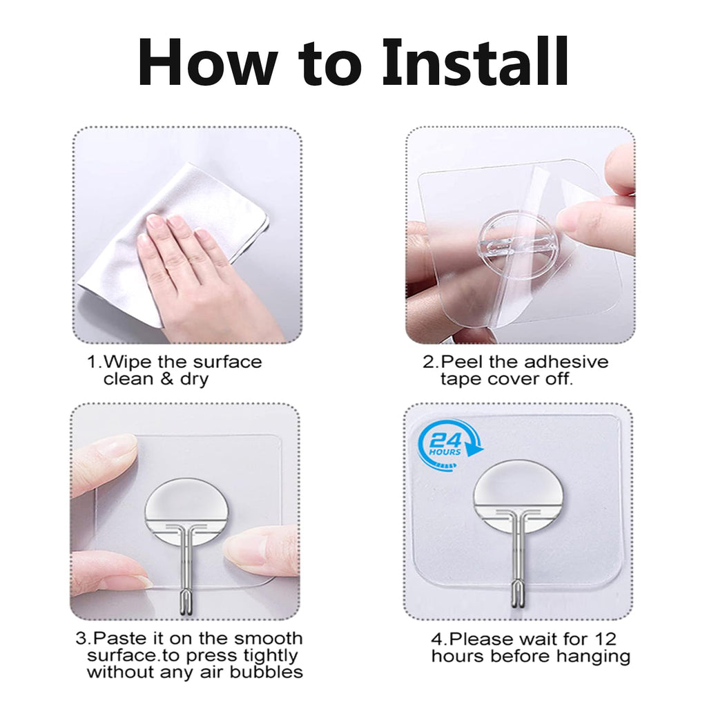 Adhesive Wall Hooks 13LB Heavy Duty No Drill Transparent Waterproof Hooks for Bathroom Kitchen Towel Coat 12 Pack