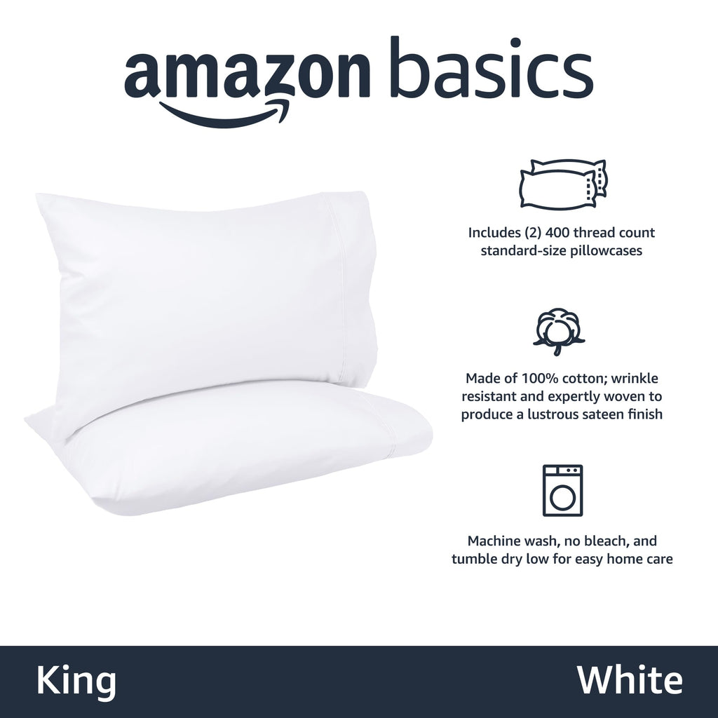 Amazon Basics - 400 Thread Count Soft Cotton Pillow Case, King Size, 40" L x 20" W, Machine Washable, White - Set of 2, Pillows Not Included