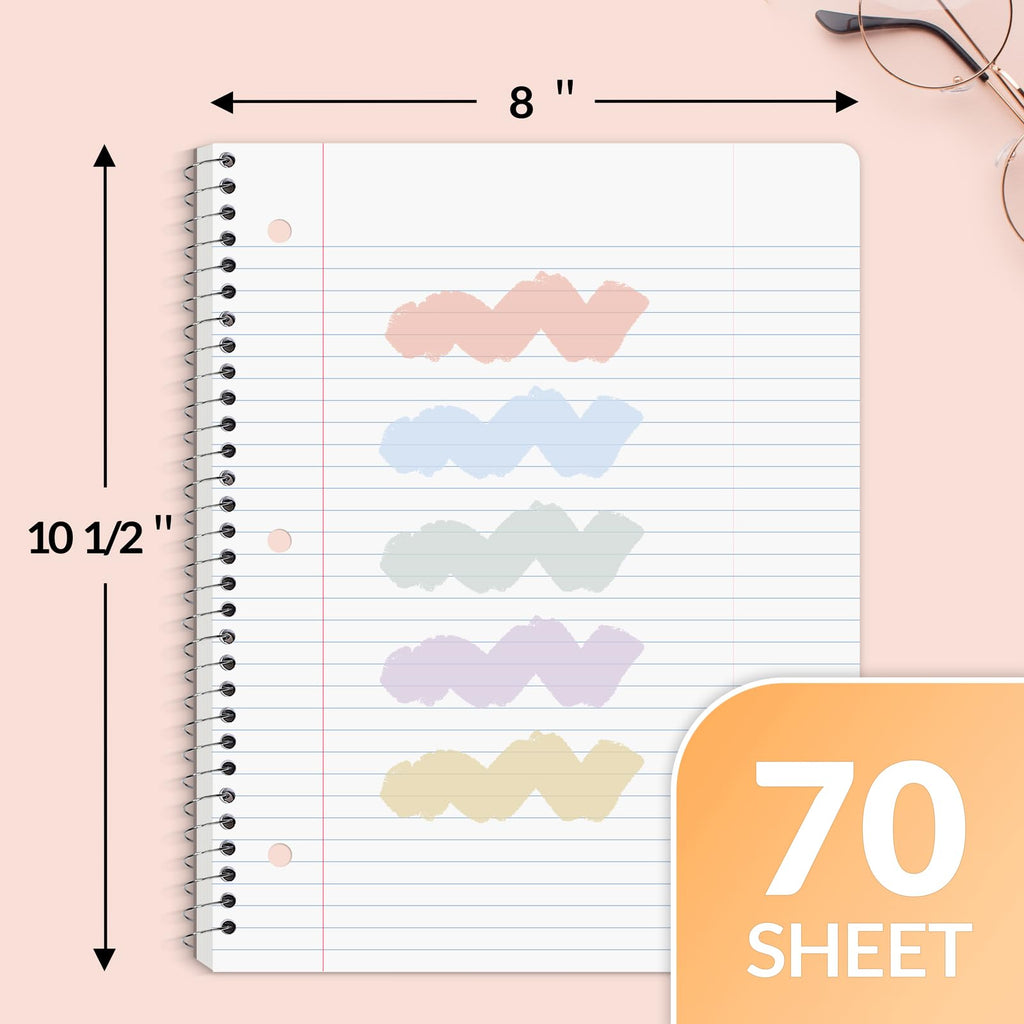 Spiral Notebooks, 1-Subject, 5 Pack, College Ruled Paper, 8" x 10-1/2", 70 Sheets per Notebook,3-Hole Punched Paper, Pink,Purple, Blue, Green, Yellow Spiral Lined Notebooks for School,Work