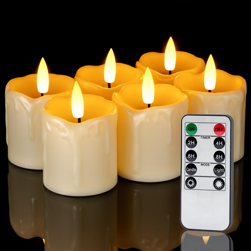 Homemory 2" x 2" Timer Remote Control Flickering Flameless Votive Candles, Realistic Battery Operated Candles, 6Pack 3D Wick Electric Fake Candles for Christmas, Wedding, Home Decorations