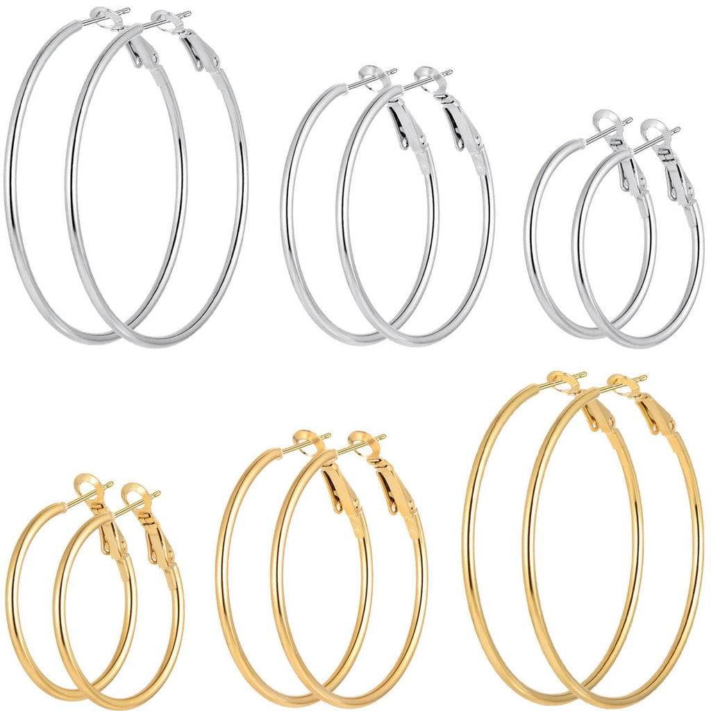 6 Pairs Gold Silver Plated Hoop Earrings for Women, Hypoallergenic Stainless Steel Gold Hoops Silver Hoop Earrings Set, Lightweight Large Small Hoops Women Earrings Loop Earrings Set