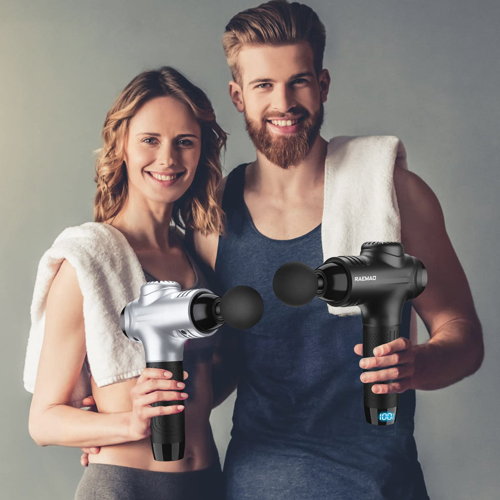 RAEMAO Massage Gun Deep Tissue, Back Massage Gun for Athletes for Pain Relief Attaching 10 PCS Specialized Replacement Heads, Percussion Massager with 10 Speeds & LED Screen, Silver