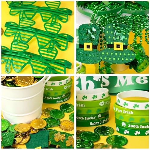 180Pcs St. Patrick's Day Accessories Party Favor Set, Tattoo Stickers, Necklaces, Bracelets, Shamrock Glasses, Headbands, Mustaches, Coins and Kiss Me I'm Irish Sash for Irish Party Supplies