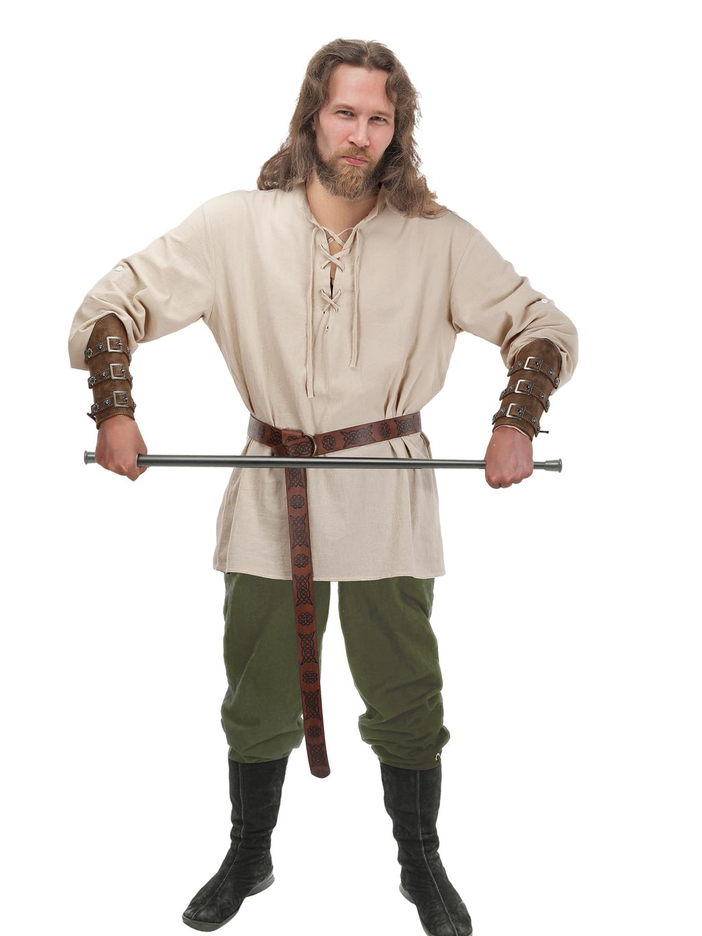 Jiuguva 4 Pcs Halloween Men's Renaissance Costume Set Medieval Pirate Shirt Ankle Banded Pants Viking Belt Accessories (Stylish Color,X-Large)