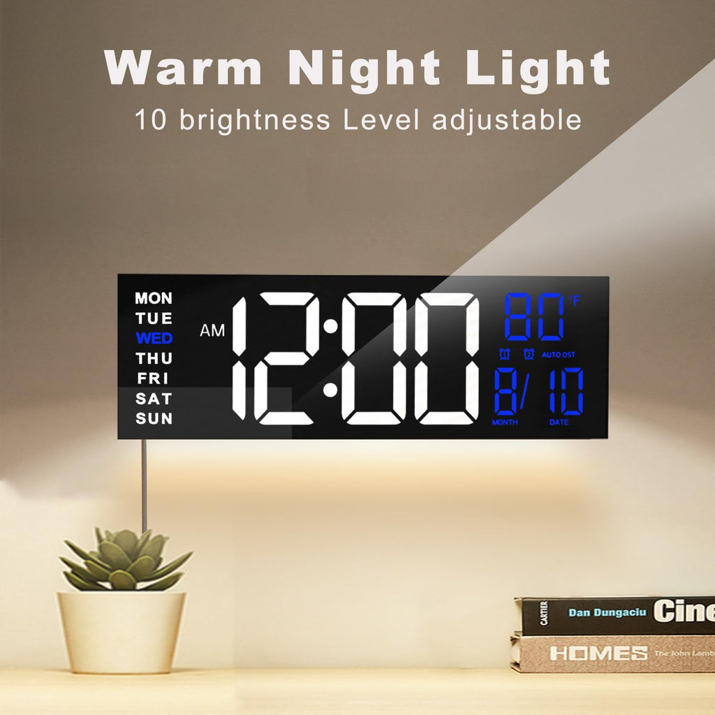 JALL 16" Large Digital Wall Clock Timer, Remote Controll, 2 Alarms, LED Display, 8 RGB Color, Auto DST, Temperature for Living Room, Bedroom, Desk, Mounted, Gift for Elderly (White Blue, 16 inches)