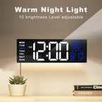 JALL 16" Large Digital Wall Clock Timer, Remote Controll, 2 Alarms, LED Display, 8 RGB Color, Auto DST, Temperature for Living Room, Bedroom, Desk, Mounted, Gift for Elderly (White Blue, 16 inches)
