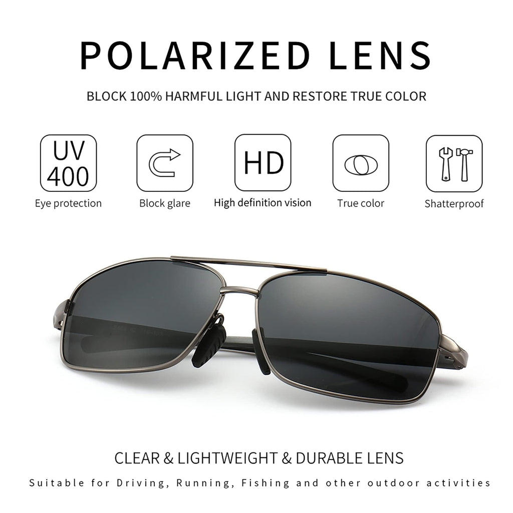 Ultra Lightweight Rectangular Polarized Sunglasses Men UV400 Protection (Gunmetal Frame Gray Lens, 62) Metal Frame SGT458 QKH-CA