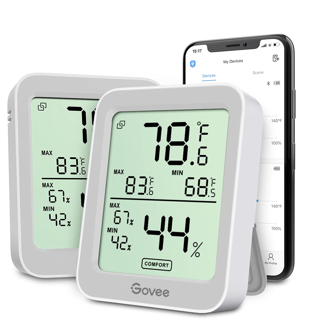 Govee Indoor Hygrometer Thermometer 2 Pack, Humidity Temperature Gauge with Large LCD Display, Notification Alert with Max Min Records, 2 Years Data Storage Export for Room Greenhouse, Grey