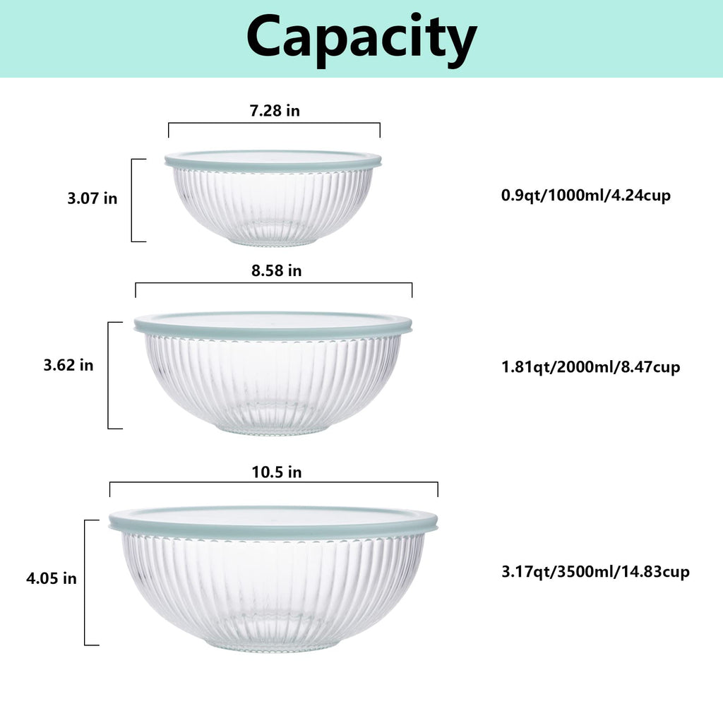 WhiteRhino Glass Mixing Bowls with Lids Set of 3(3.7QT, 2.1QT, 1.1QT),Large Kitchen Salad Bowls, Space-Saving Nesting Bowls, Clear Glass Serving Bowls for Cooking,Baking,Prepping,Dishwasher Safe