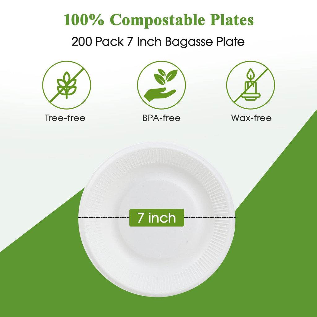 Vplus 100% Compostable Paper Plates, 200 Pack 7 Inch Disposable Paper Plates, Uncoated Biodegradable Plates Made of Sugar Cane Fibers, Perfect for Sandwich, Cake, and Snack
