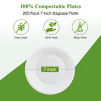 Vplus 100% Compostable Paper Plates, 200 Pack 7 Inch Disposable Paper Plates, Uncoated Biodegradable Plates Made of Sugar Cane Fibers, Perfect for Sandwich, Cake, and Snack