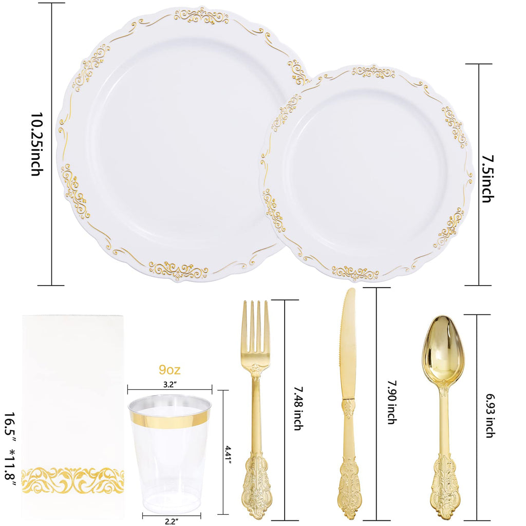 LIYH 350pcs Gold Plastic Dinnerware set, Gold Plastic Plates with Gold Edges Includes Gold Disposable Plates, Gold Plastic Silverware, 10 oz Gold Cups, Gold Napkins for Wedding, Bridal Shower
