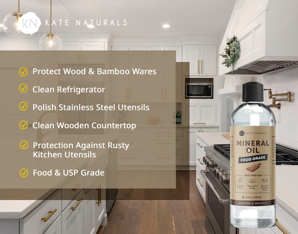 Kate Naturals Mineral Oil for Wood Cutting Board Oil, Butcher Block, and Knife. Food Grade Mineral Oil for Wooden Cutting Board (8oz, Food Safe Oil)