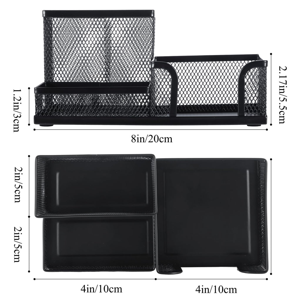 Mesh Pen Holder Desk Organizers Pencil Holder for Desk Black, 3 Compartments Metal Office Supply Organizer with Sticky Notes Holder for School Home Office