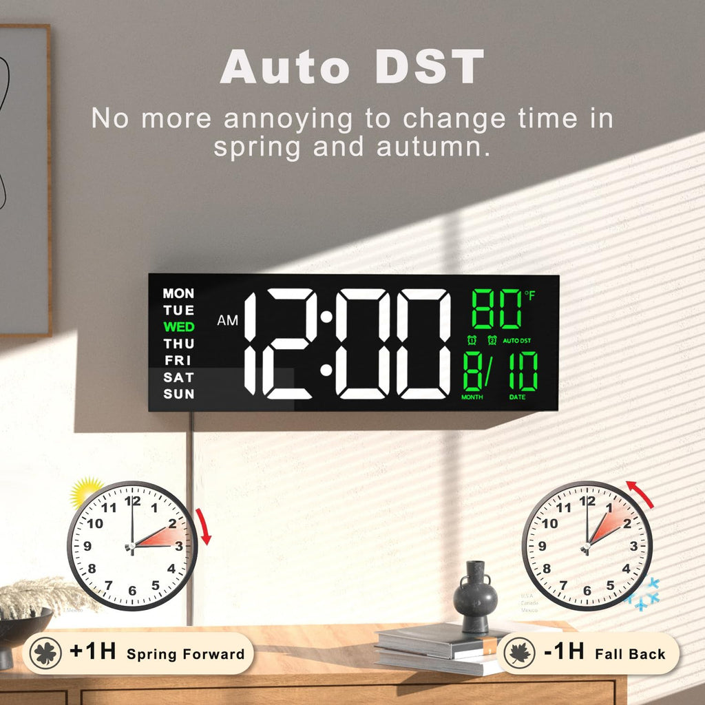 JALL 16" Large Digital Wall Clock Timer, Remote Controll, 2 Alarms, LED Display, 8 RGB Color, Auto DST, Temperature for Living Room, Bedroom, Desk, Mounted, Gift for Elderly (White Green, 16 inches)