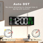 JALL 16" Large Digital Wall Clock Timer, Remote Controll, 2 Alarms, LED Display, 8 RGB Color, Auto DST, Temperature for Living Room, Bedroom, Desk, Mounted, Gift for Elderly (White Green, 16 inches)