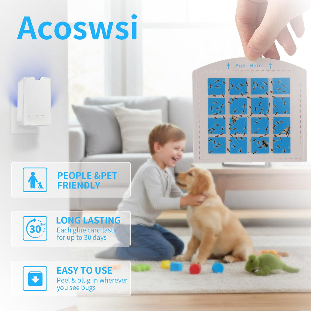 Acoswsi Indoor Fly Trap Plug in, Flying Insect Trap with Blue UV Light, Fruit Fly & Gnat Trap for Indoors, Mess-Free Bug Catcher for Home, 1 Device + 5 Refill Glue Cards
