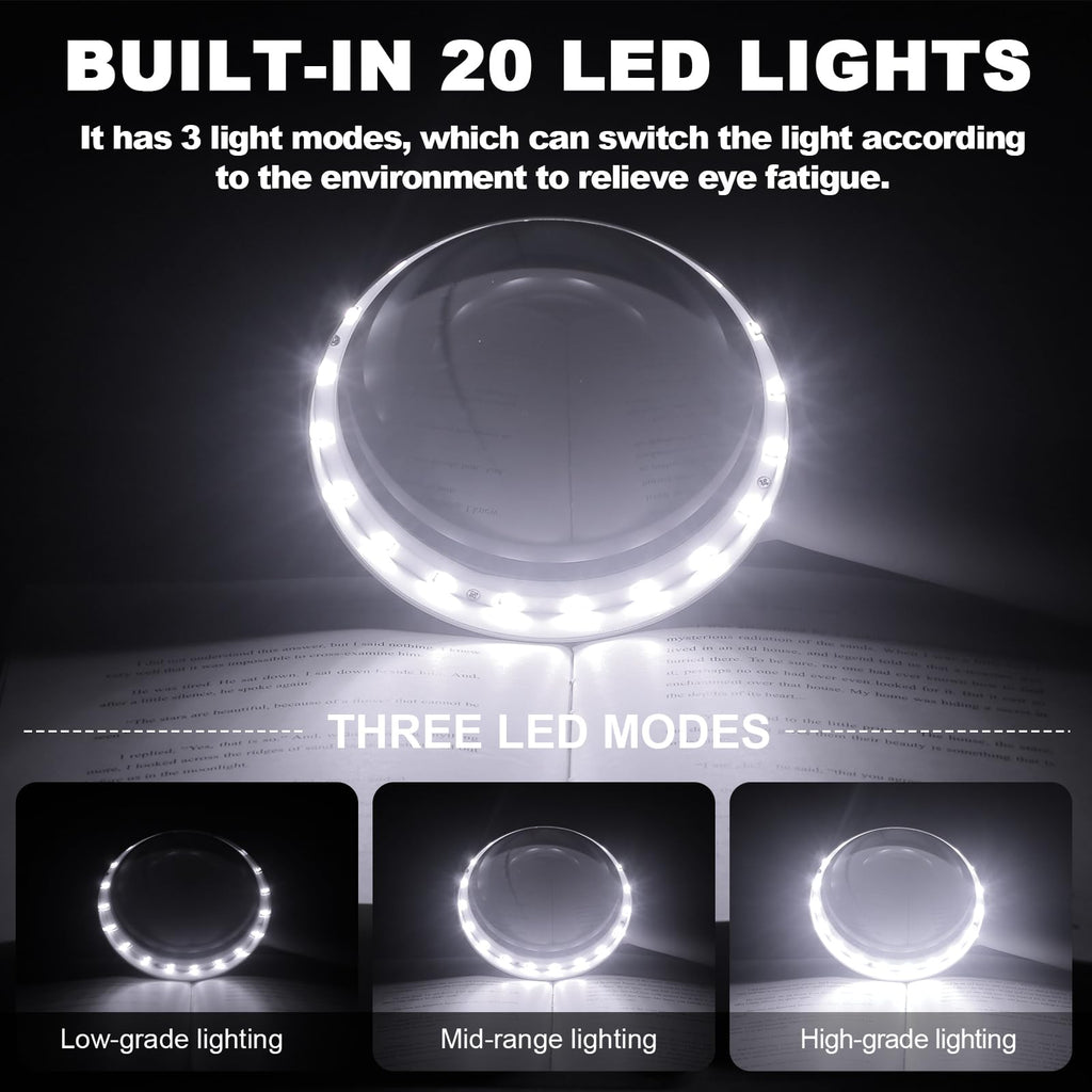 30X Charge Magnifying Glass with Light, NUEYiO 4.33Inch Large Handheld Magnifying Glass 20 Daylight LEDs, Third Gear Dimming Lighted Magnifier for Seniors Reading Inspection Coin Collection Jewelry