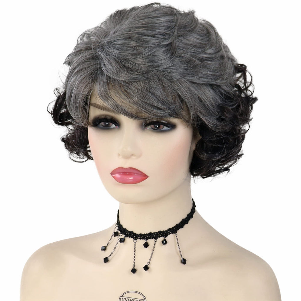 GNIMEGIL Grey Short Curly Wigs for Black Women Soft Synthetic Granny Hair Replacement Full Wigs for Daily Party Use Mommy Old Lady Wig Elderly Realistic