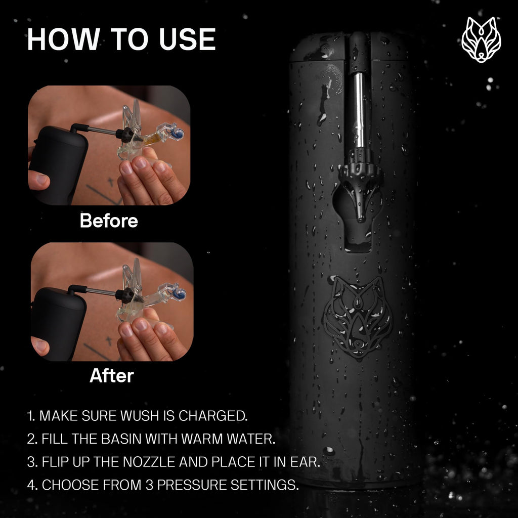 Wush Pro by Black Wolf - The Original Deluxe Water Powered Ear Cleaner with 6 Reusable Replacement Tips by Black Wolf - Safe & Effective for Ear Wax Buildup - Electric Ear Wax Removal Kit (Black)