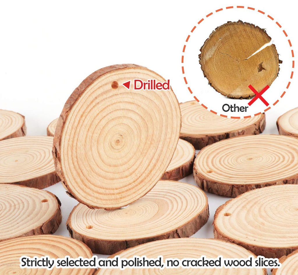 ilauke Natural Wood Slices 30Pcs 3.1''-3.5'' Unfinished Wood Crafts with Pre-drilled Hole, Wood Slices Ornaments for Christmas DIY Rustic Crafts Wooden Circles Coasters Wedding Decor, 33 Feet Twine
