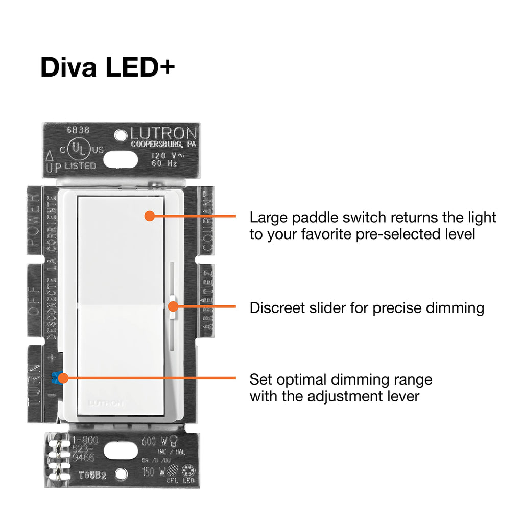 Lutron Diva LED+ Dimmer Light Switch for Dimmable LED, 150 Watt, Single-Pole or 3-Way, DVCL-153P-WH, White