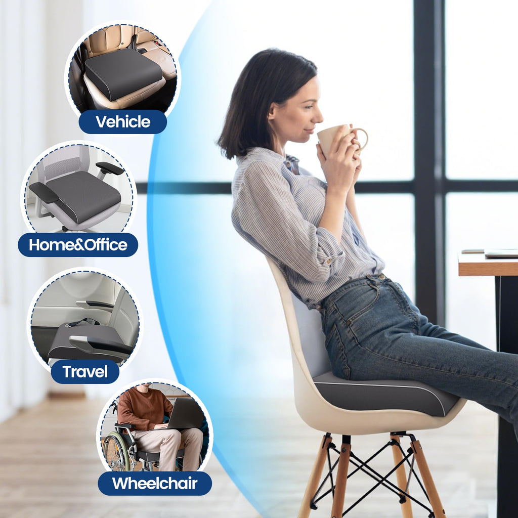 SweetSlubr Seat Cushion for Taibone Pain Relief, Office Chair Cushion, Memory Foam Large Chair Cushion with Non-Slip Cover for Soft Support at Office Chair, Car Seat, Airplane, Bleacher Grey/Large