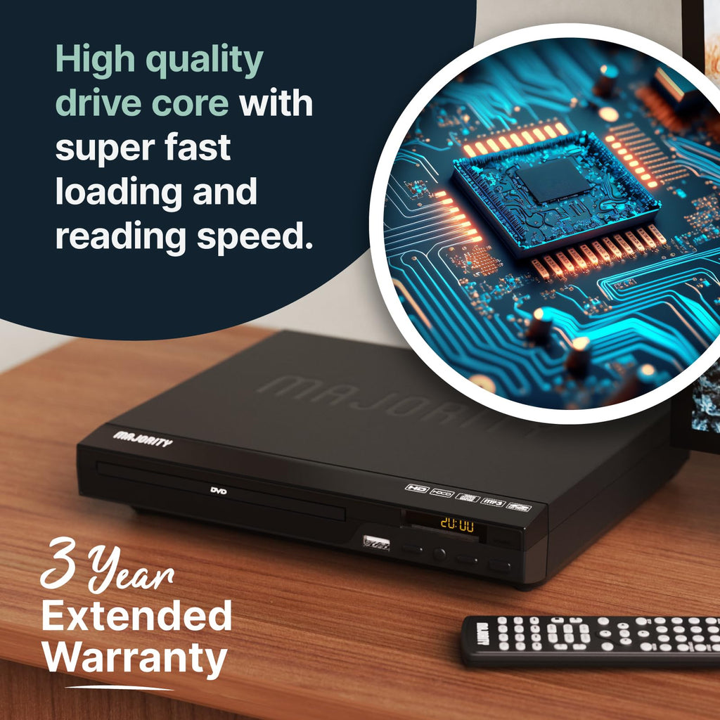 2025 Model HDMI DVD Player for TV | 1080P Region Free DVD Players for Smart TV | Mini DVD Player with USB, CD & MP3 | HDMI Cable, RCA Cable & Remoted Control | MAJORITY DVD Player