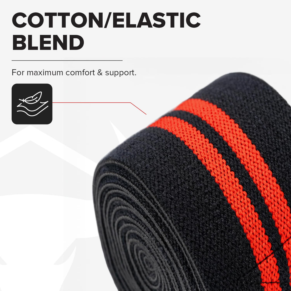 Iron Bull Strength Knee Wraps (1 Pair) - 80" Elastic Knee and Elbow Support & Compression - For Weightlifting, Powerlifting, Fitness, WODs & Gym Workout - Knee Straps for Squats (Black/Red)
