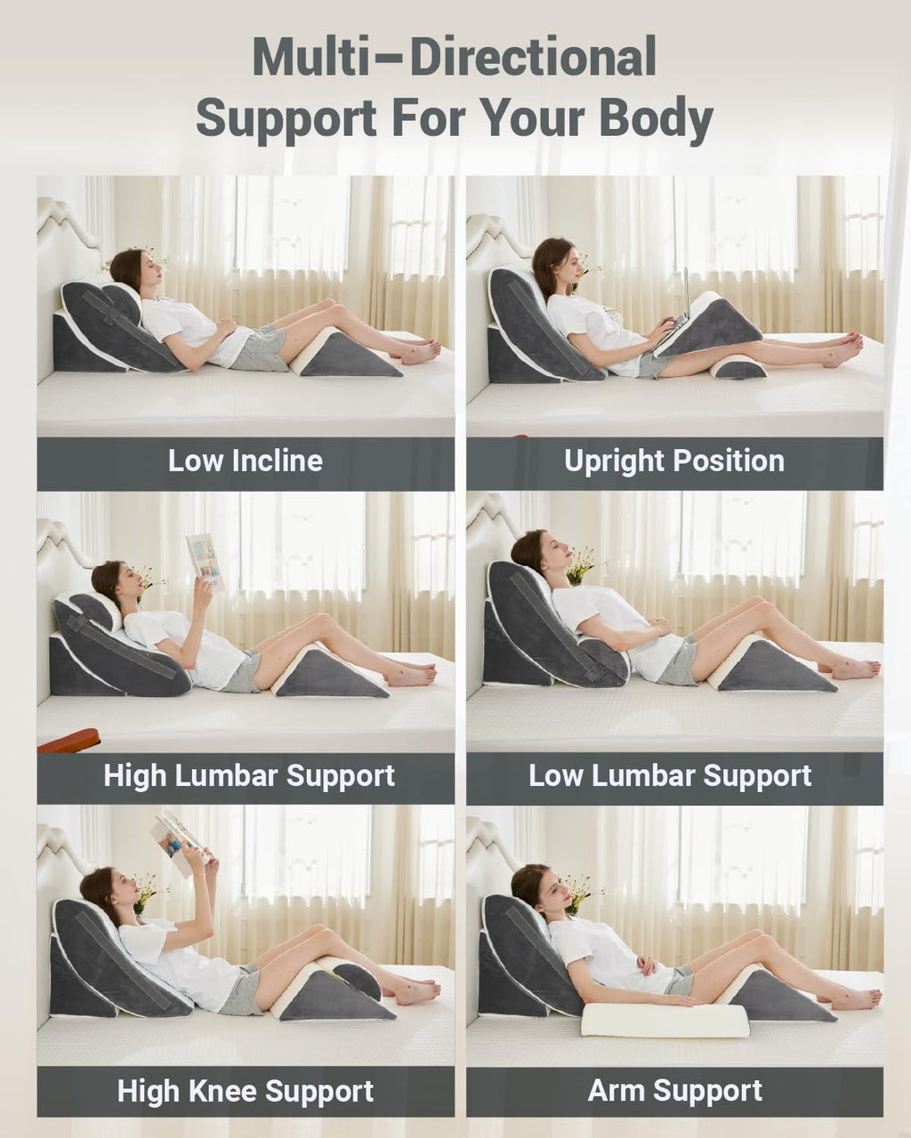 XICIKIN Orthopedic Bed Wedge Pillow Set, 2-Layer Memory Foam for Back, Leg Pain Relief, Comfortable Support, Post Surgery Adjustable Pillows Sitting and Sleeping(4pcs,22" Wide,White Grey)