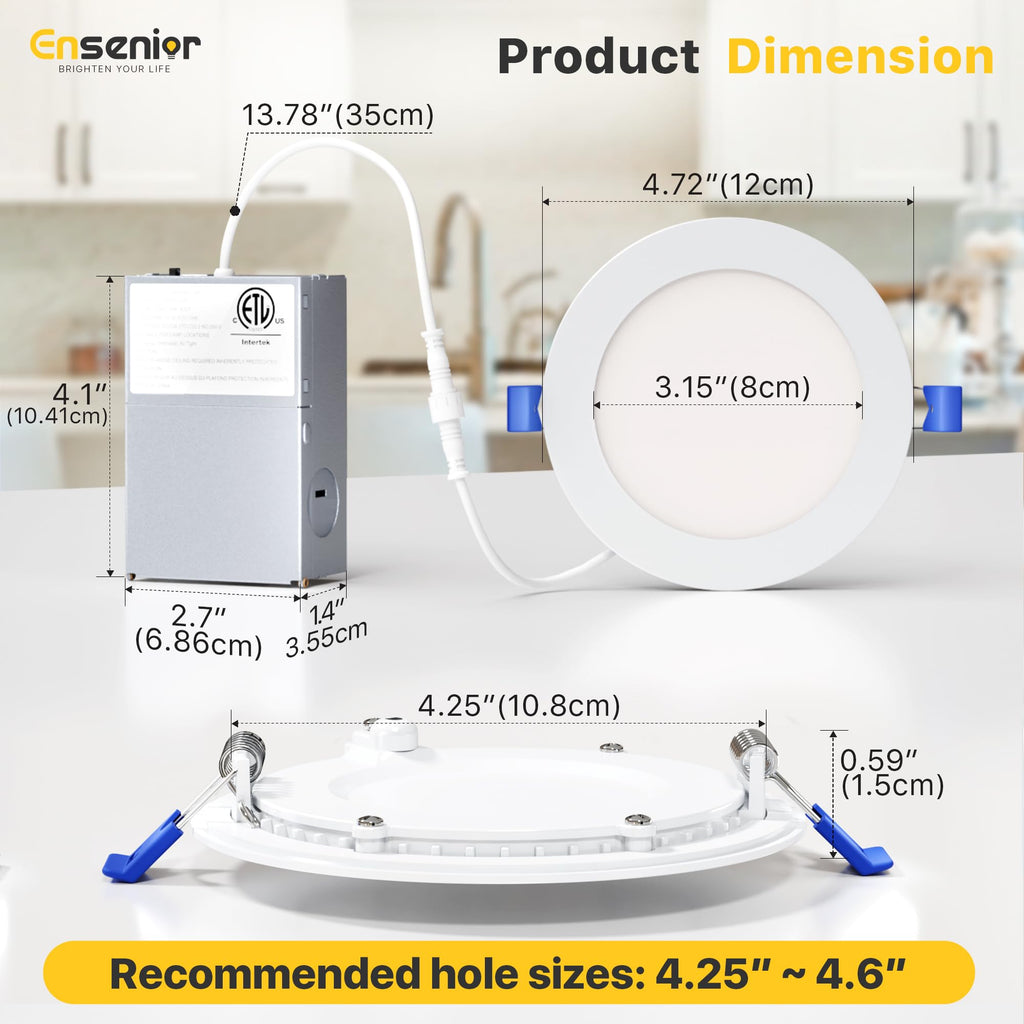 Ensenior 12 Pack 4 Inch LED Recessed Ceiling Light, Dimmable, 2700K-5000K 5CCT, 750LM 9W 120V, High Brightness Canless Wafer Downlight - ETL&FCC&IC