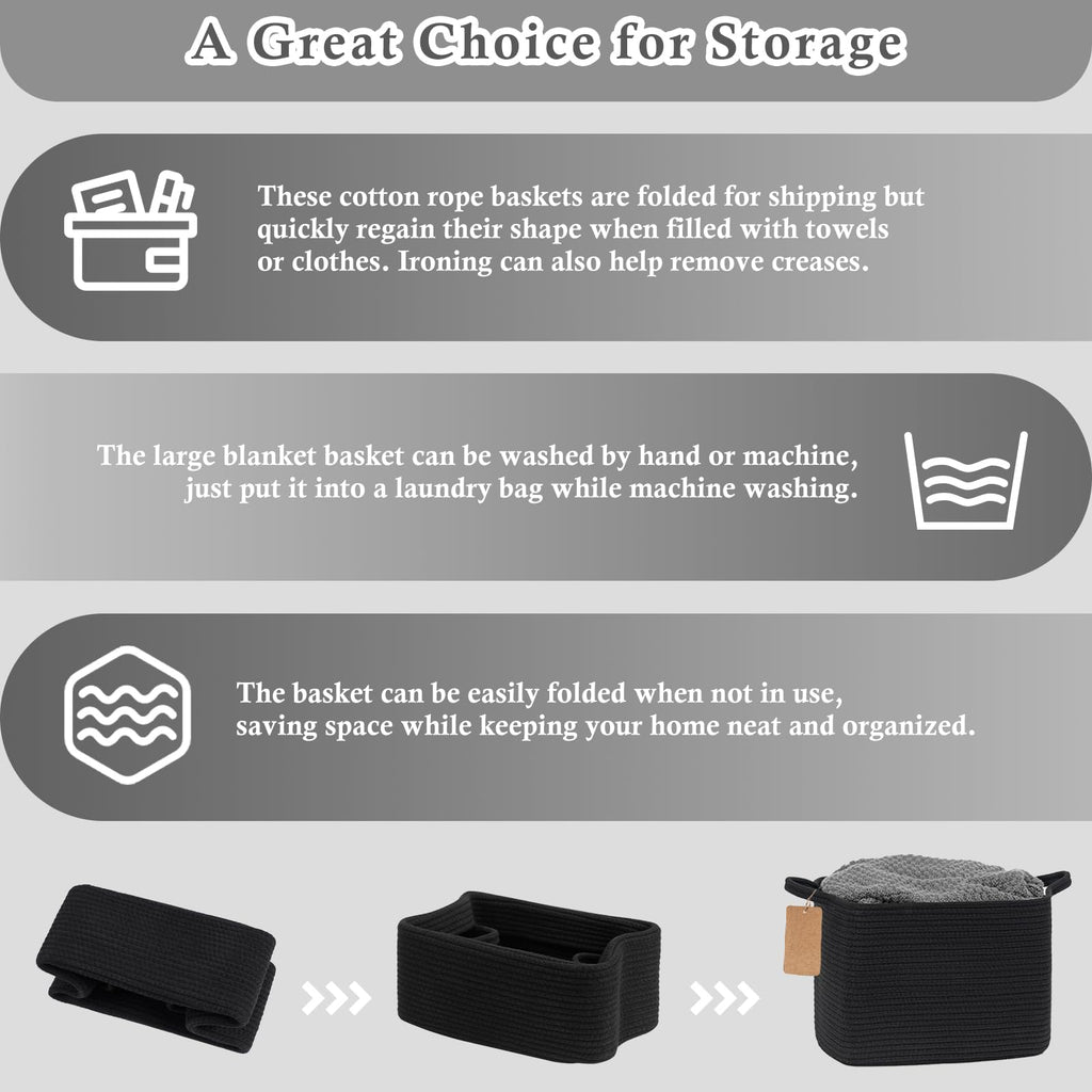Goodpick Black Storage Basket for Shelves, Woven Baskets for Storage, Toy Baskets Storage Kids, Towel Basket with Handles for Living Room, Bathroom, 13 x 10 x 9 Inches