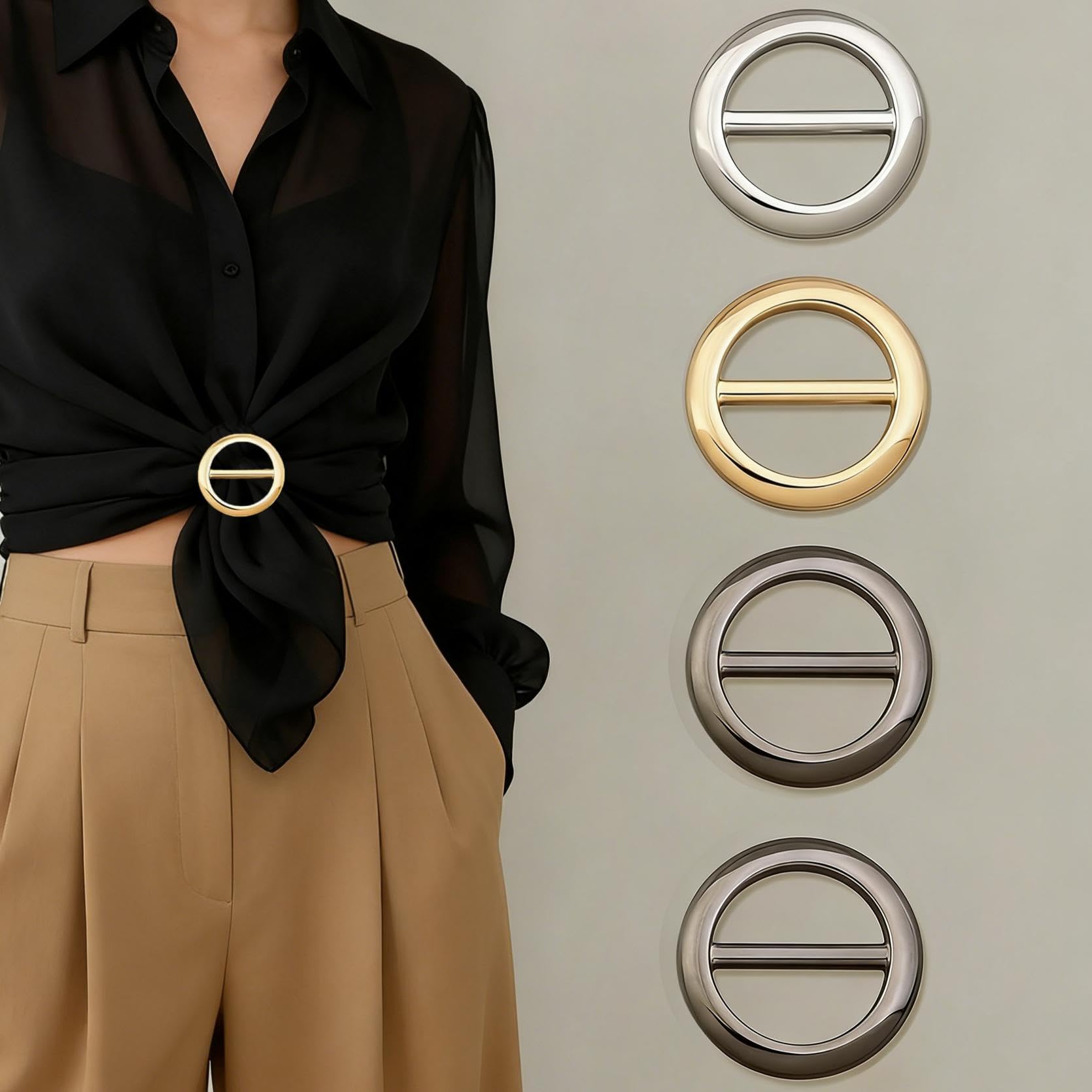4 Pack Scarf Ring Clips for Women, Metal Round Circle Buckle for Silk Scarves & T-Shirt Ties, Fashion Accessories Clothing Corner Knot Holder, Shawl Wrap Clasp (2 Silver, 1 Gold, 1 Black)