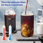 4 Set Glass Cups with Lids and Straws 16 oz, Glasses Drinking Set, Iced Coffee Cup with Bamboo Lids, Drinking Glasses Tumbler with Straw and Lid, Glass Can Coffee Cups, Drinking Glassware, 2 Brushes