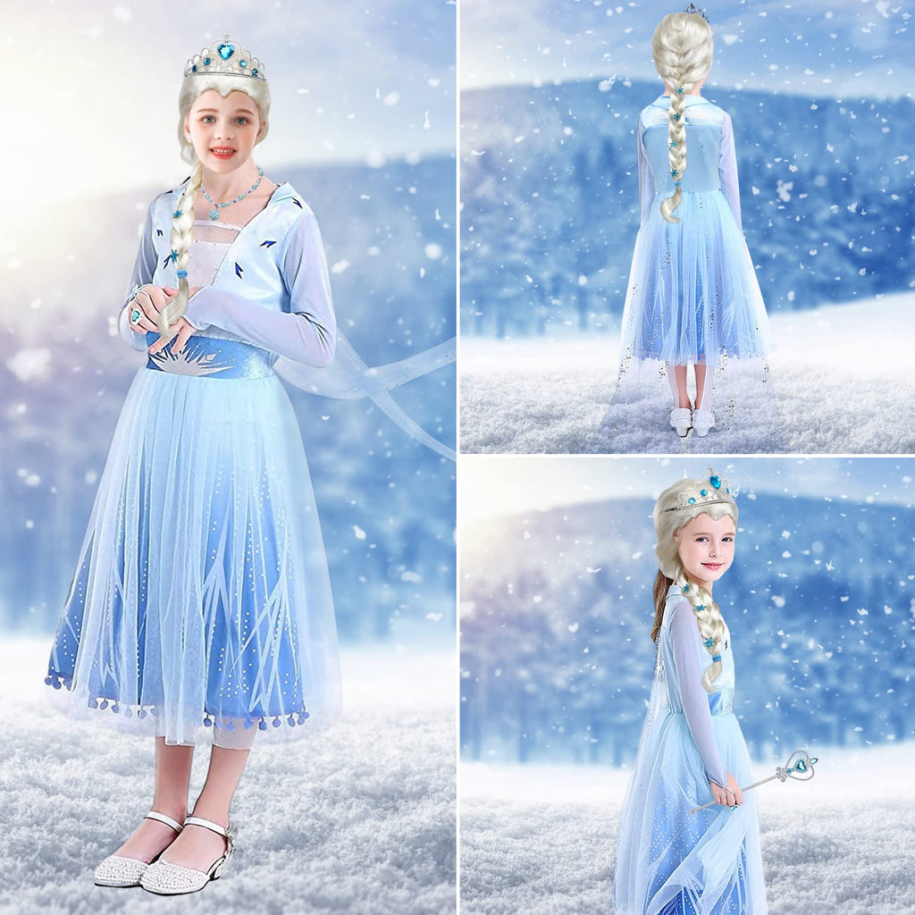 Tacobear 10Pcs Frozen Elsa Costume Dress For Girls Kids Toddler Princess Dress Up Clothes For Little Girls With Elsa Accessories Gloves Crown Wands Wig Necklace For 3T Kids Christmas Birthday Party