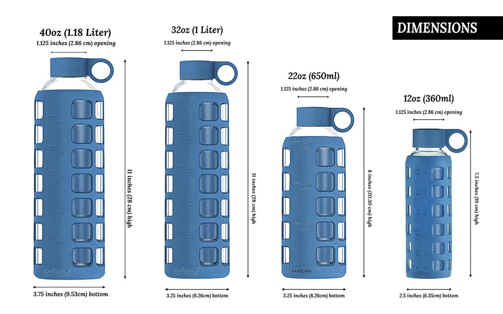 purifyou Premium 40/32 / 22/12 oz Glass Water Bottles with Volume & Times to Drink, Silicone Sleeve & Stainless Steel Lid Insert, Reusable Bottle for Fridge Water, Juice (32oz Chinese Porcelain)