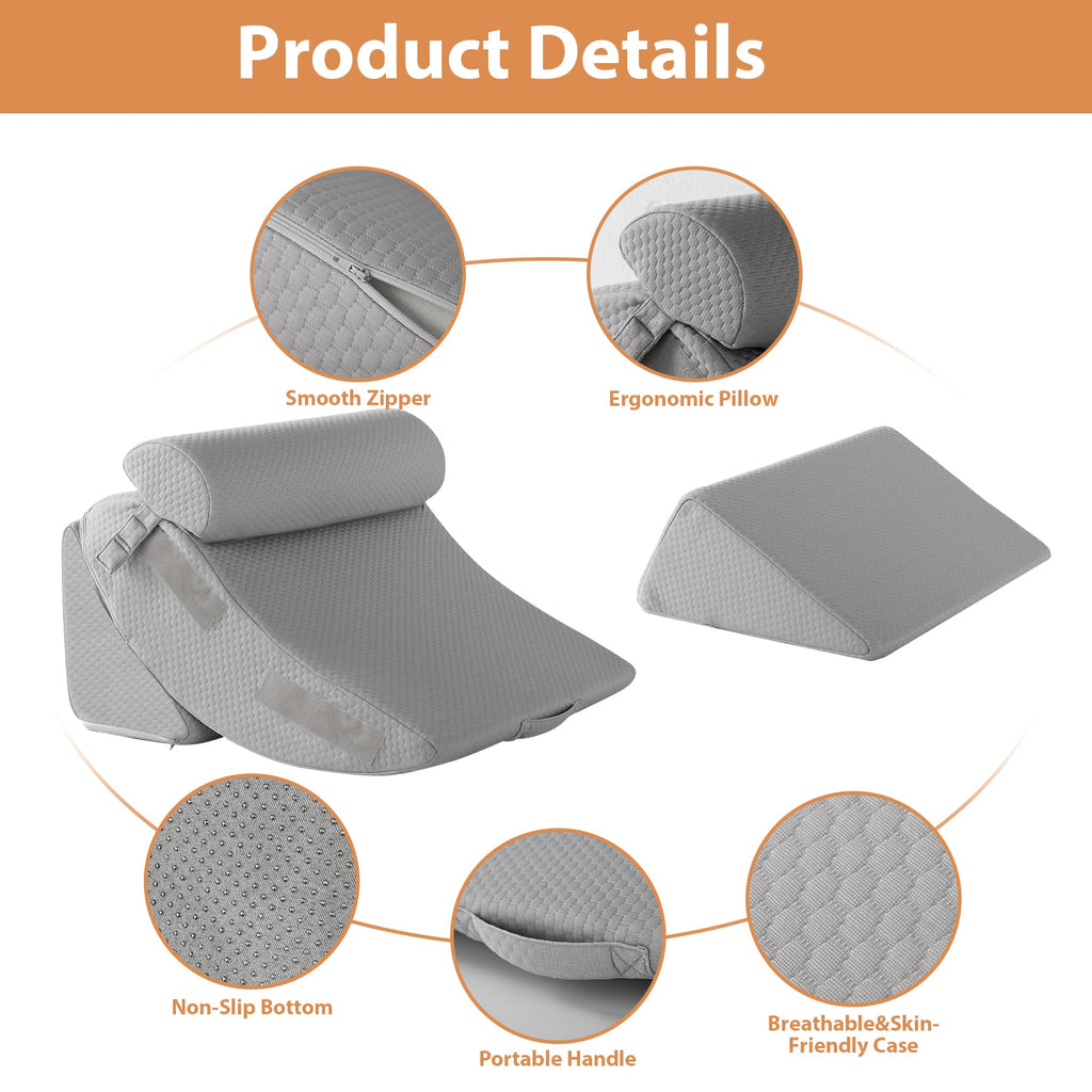 4PCS Wedge Pillow Set for After Surgery, Orthopedic Bed Wedge Pillow for Back Pain Relief, Sitting up in Bed,Recovery, Acid Reflux, Snoring, Body Pillow for Sleeping,Leg,Shoulder Support, Grey