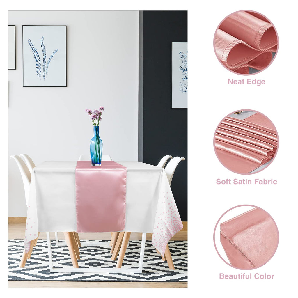 MASHAN 24 Pack White and Rose Gold Tablecloth Set - Rectangular PEVA Tablecloths and Satin Table Runners for Wedding, Baby Shower, Anniversary, Christmas, New Year Party