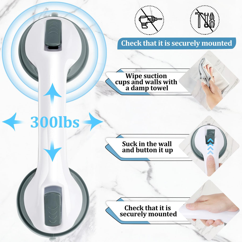 2-Pack Shower Handle Safety Grab Bars with Suction Cups for Bathtubs and Showers - Bathroom Rails Aid for Seniors, Elderly, Handicap - Wall & Bath Tub Toilet Support 12Inch