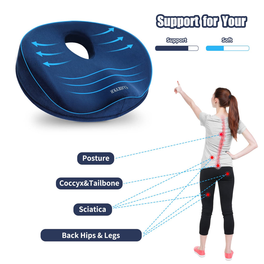 SAHEYER Donut Pillow for Tailbone Pain Relief and Hemorrhoids, Memory Foam Donut Cushion for Sciatica Nerve, Seat Cushion Butt Pillow for Men Women at Home Office Chair Car Long Sitting Comfort, Blue