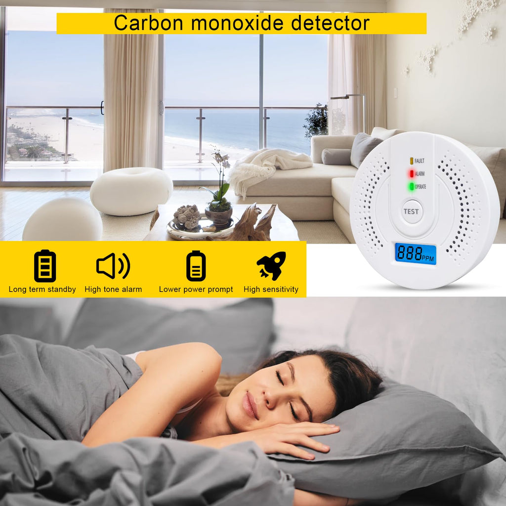 Carbon Monoxide Detector,CO Gas Monitor Alarm Detector Replaceable Battery with Digital LCD Display and Sound Warning for Home/Kitchen/Bedroom