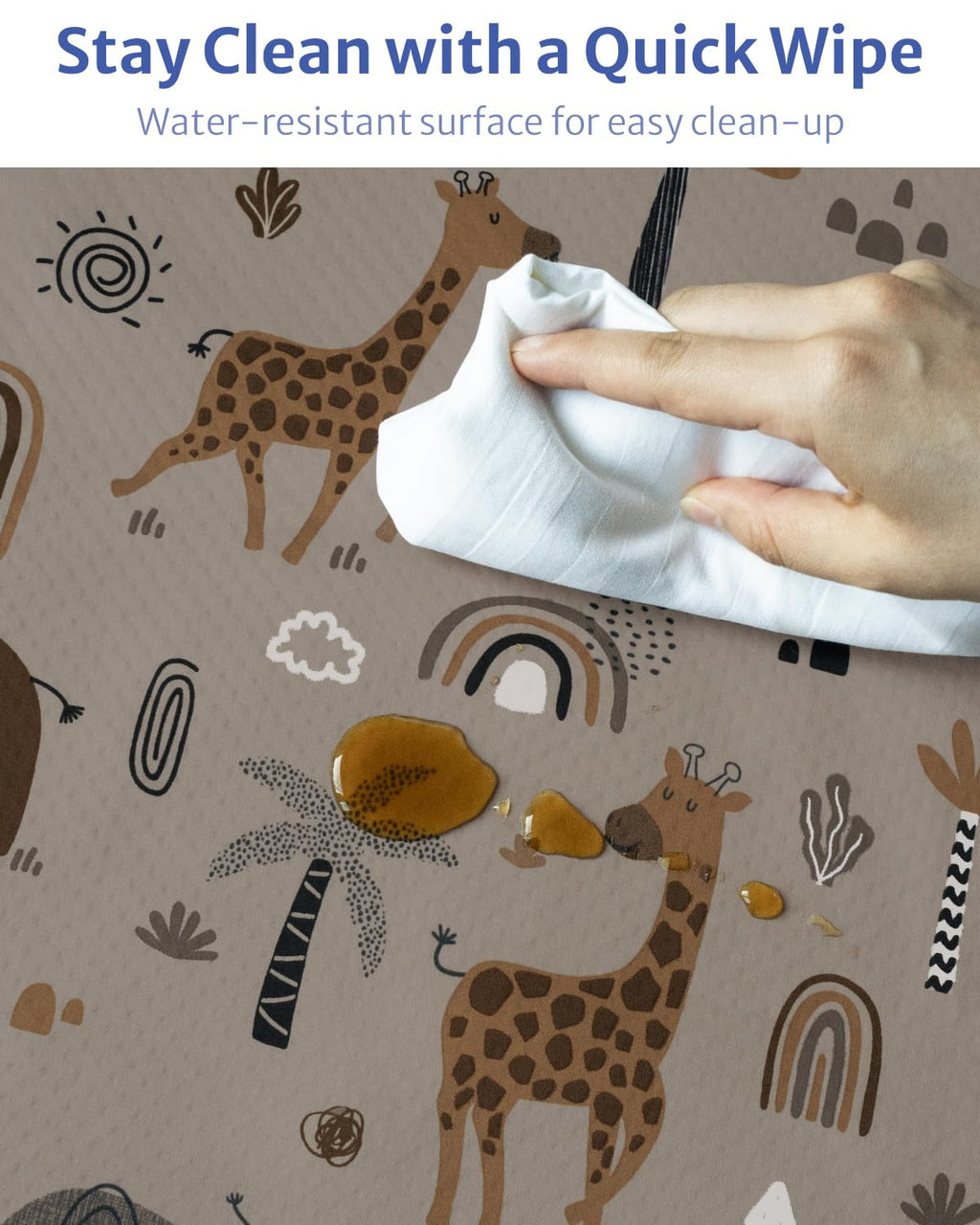 Blissful Diary Baby Splat Mat for Under High Chair, 50.4 x 50.4 Inch Wipeable Splash Mat, Waterproof and Washable, Anti-Slip Floor Protector, Elephant&Giraffe