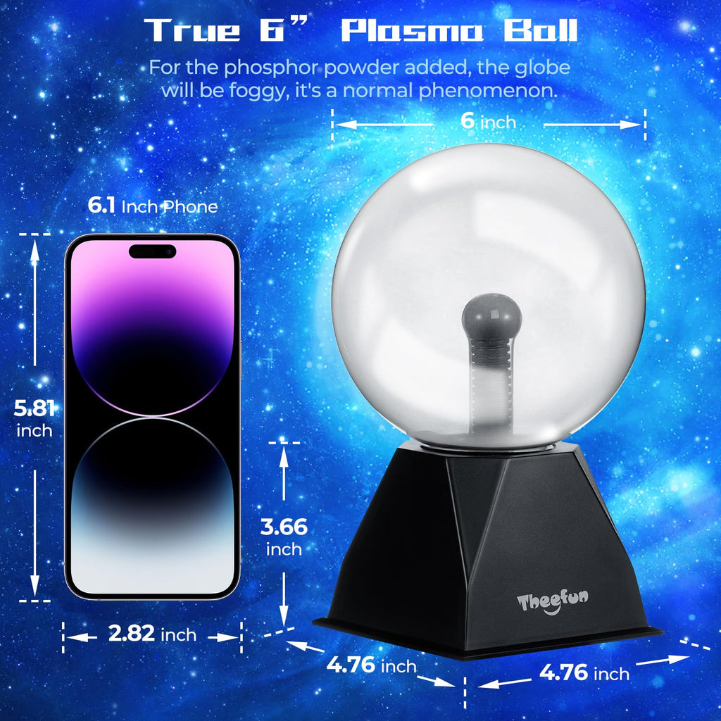 Theefun Blue Plasma Ball: 6 Inch Plasma Globe Touch & Sound Sensitive Plasma Ball Lamp Electric Ball Lightning Novelty Light for Parties, Home, Prop, Decoration, Christmas Gifts