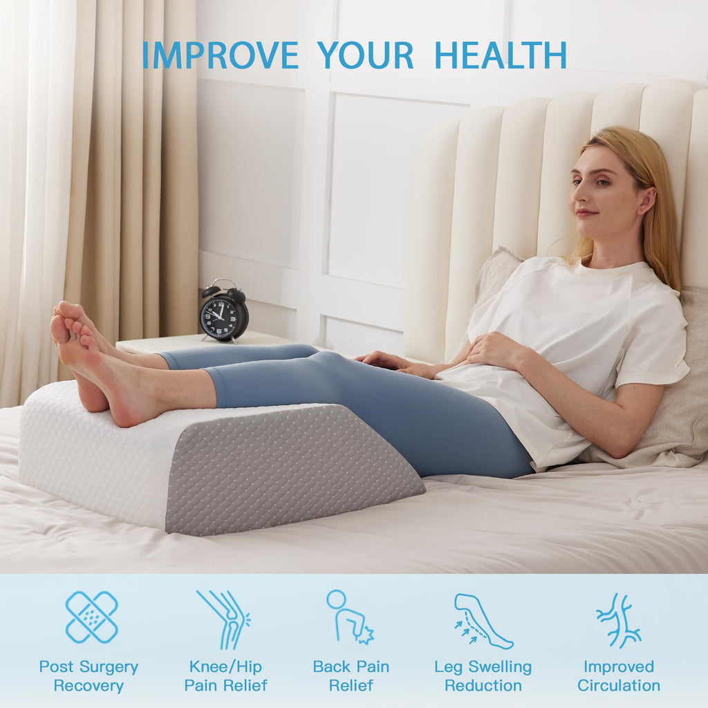 MEGCXIT Leg Pillow Elevation Blood Circulation, Leg Wedge for Elevation for Swelling, Leg Elevating Pillow for After Surgery, Memory Foam Foot Knee Pillow for Back Sleeping 24×22×8 Inch White/Grey