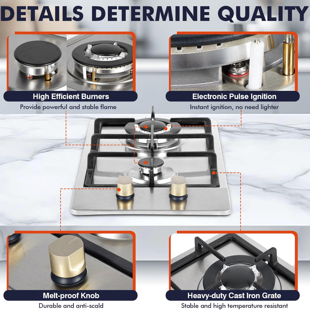 Llamaviva Gas Stove 12 Inch, Propane Cooktop 2 Burner, Portable Gas Cooktop Stainless Steel, Dual Fuel LPG/NG Convertible with Thermocouple Safety Protection for Kitchen, RV, Camping, Outdoor