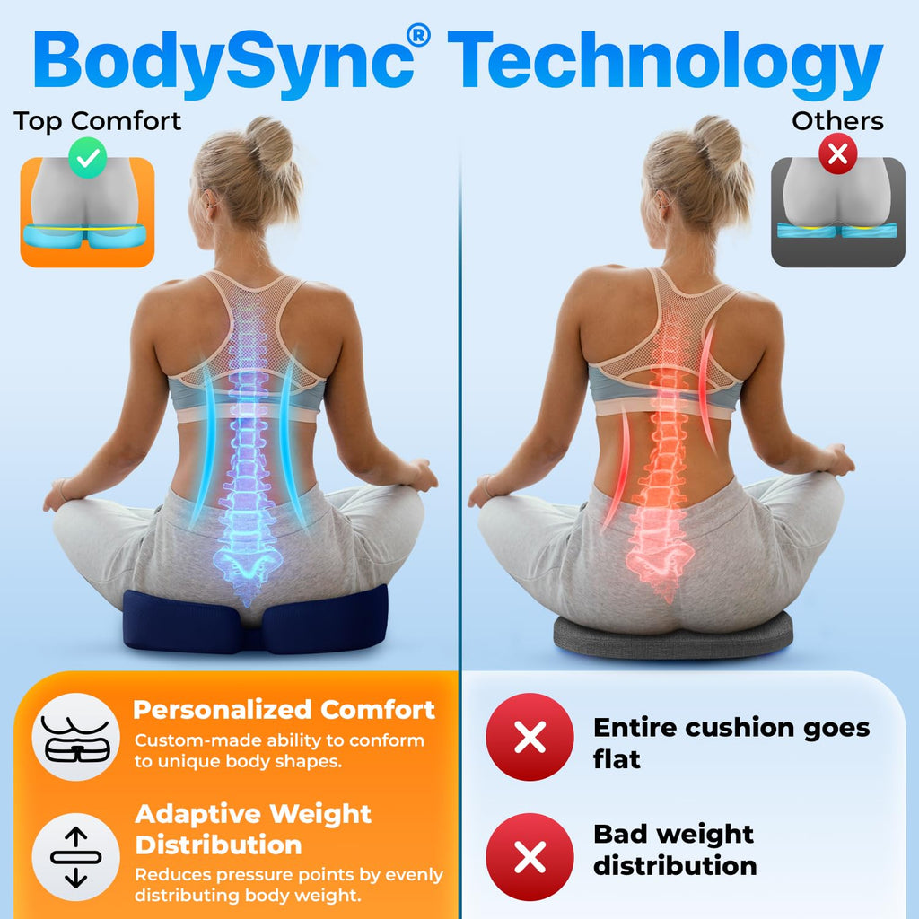 TOP COMFORT Seat Cushion, BodySync™ Technology with Non-Slip Gel & Memory Foam for Tailbone, Sciatica & Back Pain Relief, Office Chair Cushion, Car Seat Cushions for Driving (Dark Grey Blue)