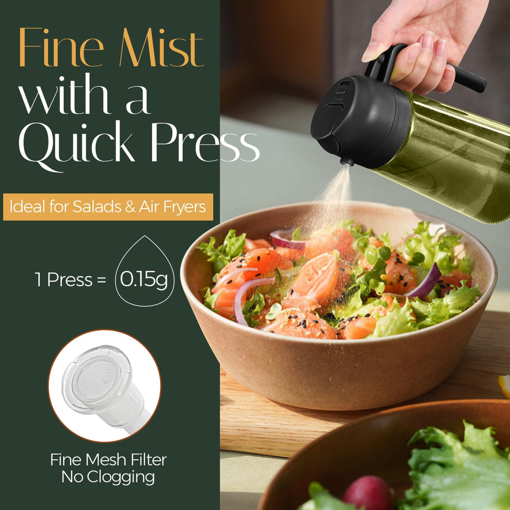 YARRAMATE 16oz/470ml Light-Blocking Dark Oil Sprayer for Cooking, 2 in 1 Olive Oil Dispenser Bottle for Kitchen, Premium Dark Green Glass Oil Bottle, Food-Grade Oil Mister for Air Fryer, BBQ (Black)