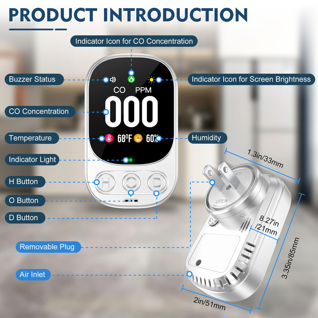 Lunarlipes Carbon Monoxide Detector Plug in Wall, 3-in-1 CO Level Monitor Alarm with Temp/Humidity Sensor, Portable Carbon Monoxide Detectors Easy to Read & Install, for Home/Hotel/RV (White-3Pack)
